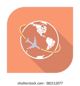 Airplane fly around the planet Earth. Logo. Modern flat icon with long shadow effect in stylish colors. Isolated on white background.