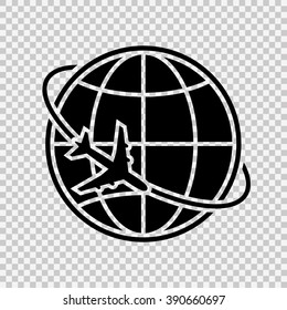 Airplane fly around the planet Earth. Logo.