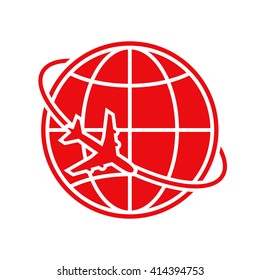 Airplane fly around the planet Earth. Logo.