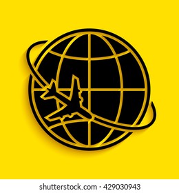 Airplane fly around the planet Earth. Logo.