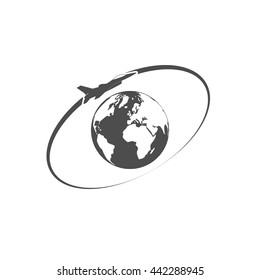Airplane fly around the planet Earth. Logo.