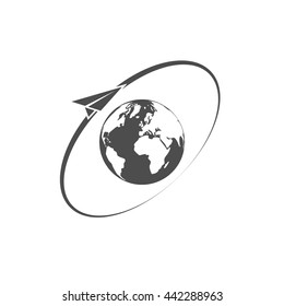 Airplane fly around the planet Earth. Logo.