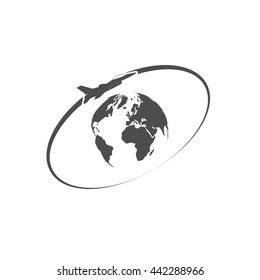 Airplane fly around the planet Earth. Logo.