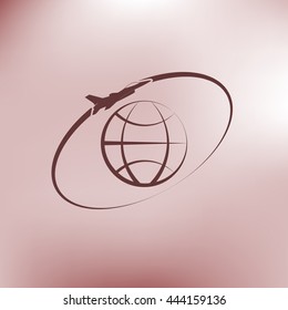 Airplane fly around the planet Earth. Logo.