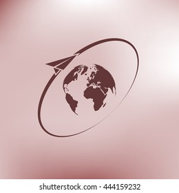 Airplane fly around the planet Earth. Logo.