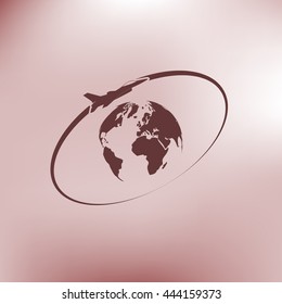 Airplane fly around the planet Earth. Logo.