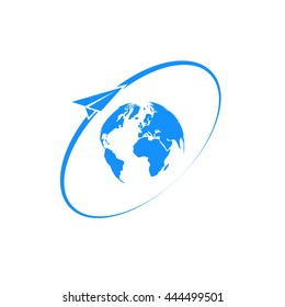 Airplane fly around the planet Earth. Logo.