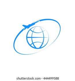Airplane fly around the planet Earth. Logo.