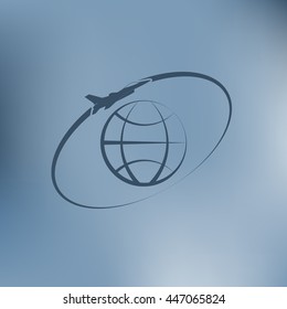 Airplane fly around the planet Earth. Logo.