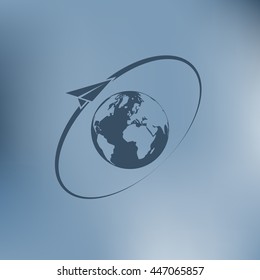 Airplane fly around the planet Earth. Logo.