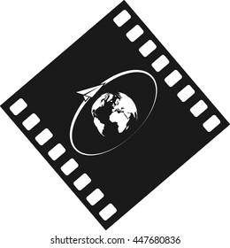 Airplane fly around the planet Earth. Logo.
