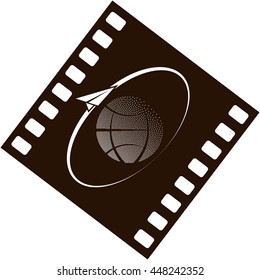 Airplane fly around the planet Earth. Logo.