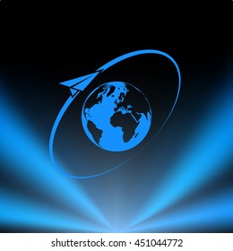 Airplane fly around the planet Earth. Logo.