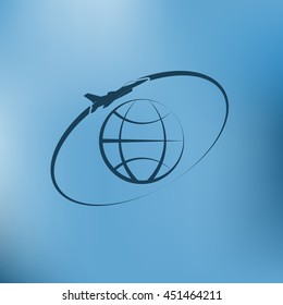 Airplane fly around the planet Earth. Logo.