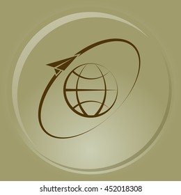 Airplane fly around the planet Earth. Logo.