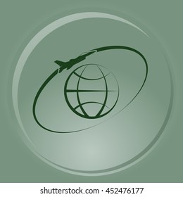 Airplane fly around the planet Earth. Logo.
