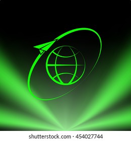 Airplane fly around the planet Earth. Logo.