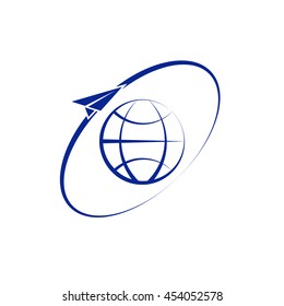 Airplane fly around the planet Earth. Logo.