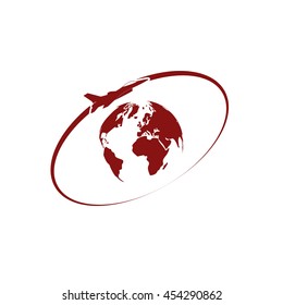 Airplane fly around the planet Earth. Logo.