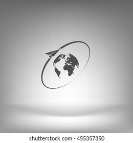 Airplane fly around the planet Earth. Logo.