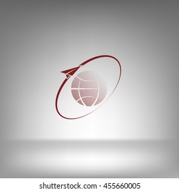 Airplane fly around the planet Earth. Logo.