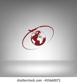 Airplane fly around the planet Earth. Logo.