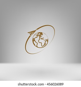 Airplane fly around the planet Earth. Logo.