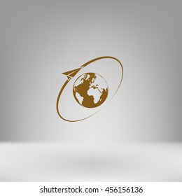 Airplane fly around the planet Earth. Logo.