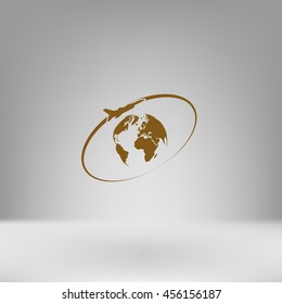 Airplane fly around the planet Earth. Logo.