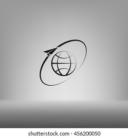 Airplane fly around the planet Earth. Logo.