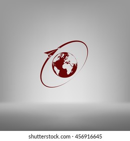 Airplane fly around the planet Earth. Logo.