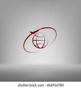 Airplane fly around the planet Earth. Logo.