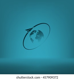 Airplane fly around the planet Earth. Logo.