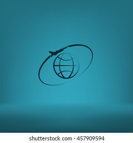 Airplane fly around the planet Earth. Logo.