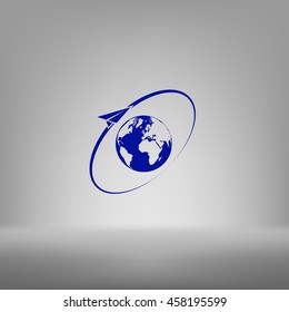 Airplane fly around the planet Earth. Logo.