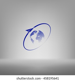 Airplane fly around the planet Earth. Logo.