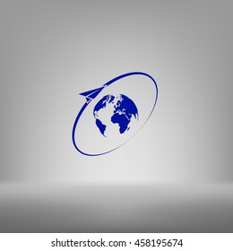 Airplane fly around the planet Earth. Logo.