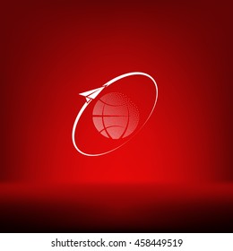 Airplane fly around the planet Earth. Logo.