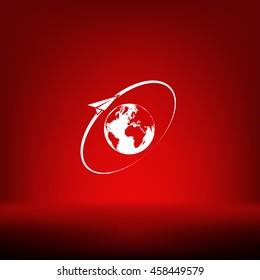 Airplane fly around the planet Earth. Logo.