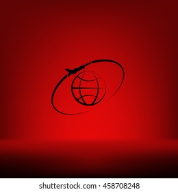 Airplane fly around the planet Earth. Logo.