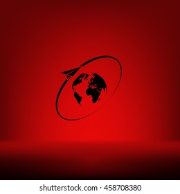 Airplane fly around the planet Earth. Logo.