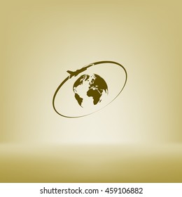 Airplane fly around the planet Earth. Logo.