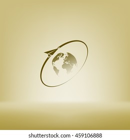 Airplane fly around the planet Earth. Logo.