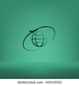 Airplane fly around the planet Earth. Logo.