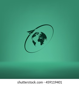 Airplane fly around the planet Earth. Logo.