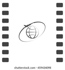 Airplane fly around the planet Earth. Logo.