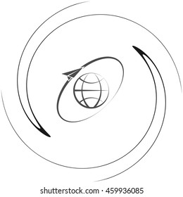 Airplane fly around the planet Earth. Logo.