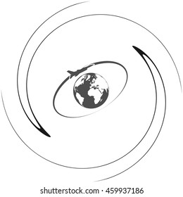 Airplane fly around the planet Earth. Logo.