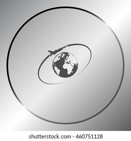 Airplane fly around the planet Earth. Logo.