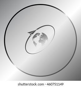 Airplane fly around the planet Earth. Logo.